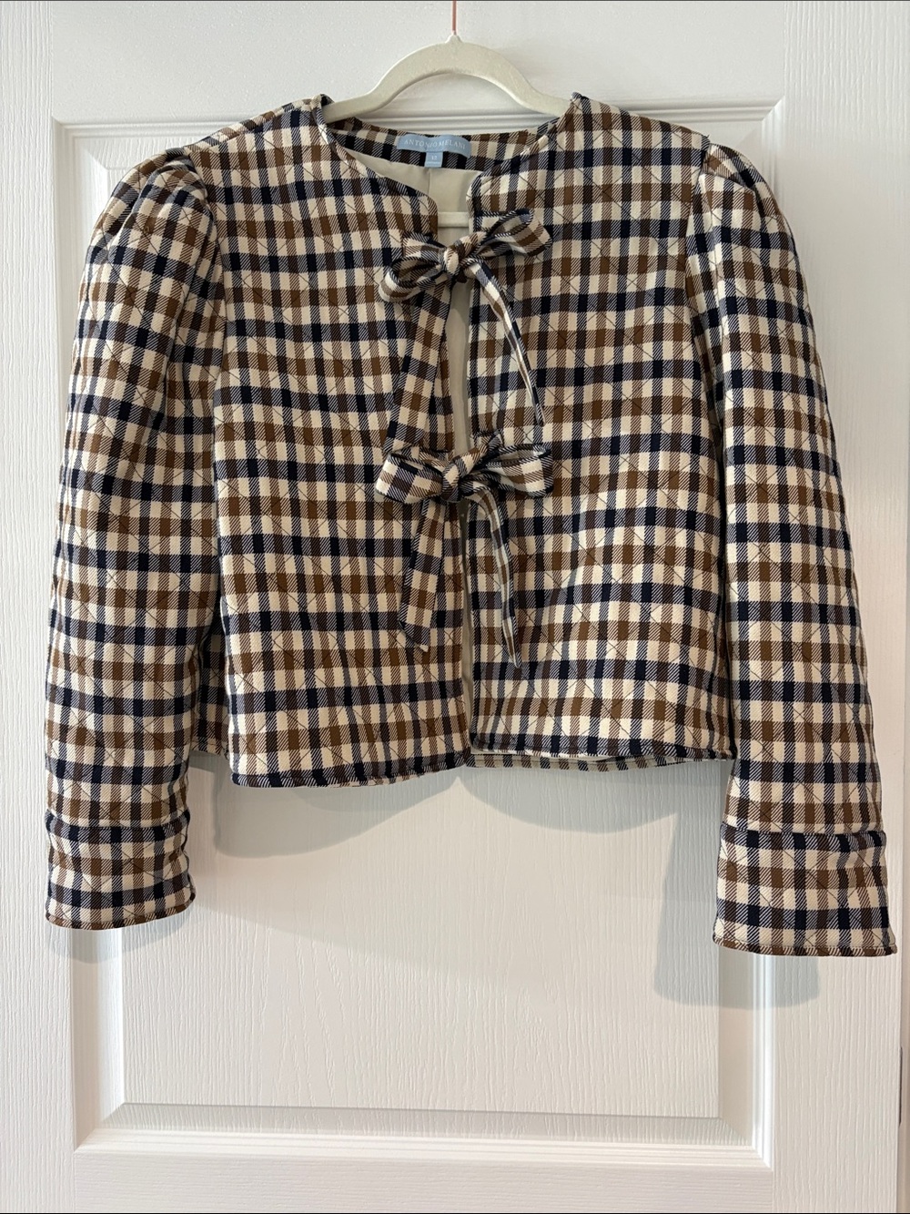 ANTONIO MELANI Brown, Navy & Cream Plaid Cropped Tie-Front Jacket